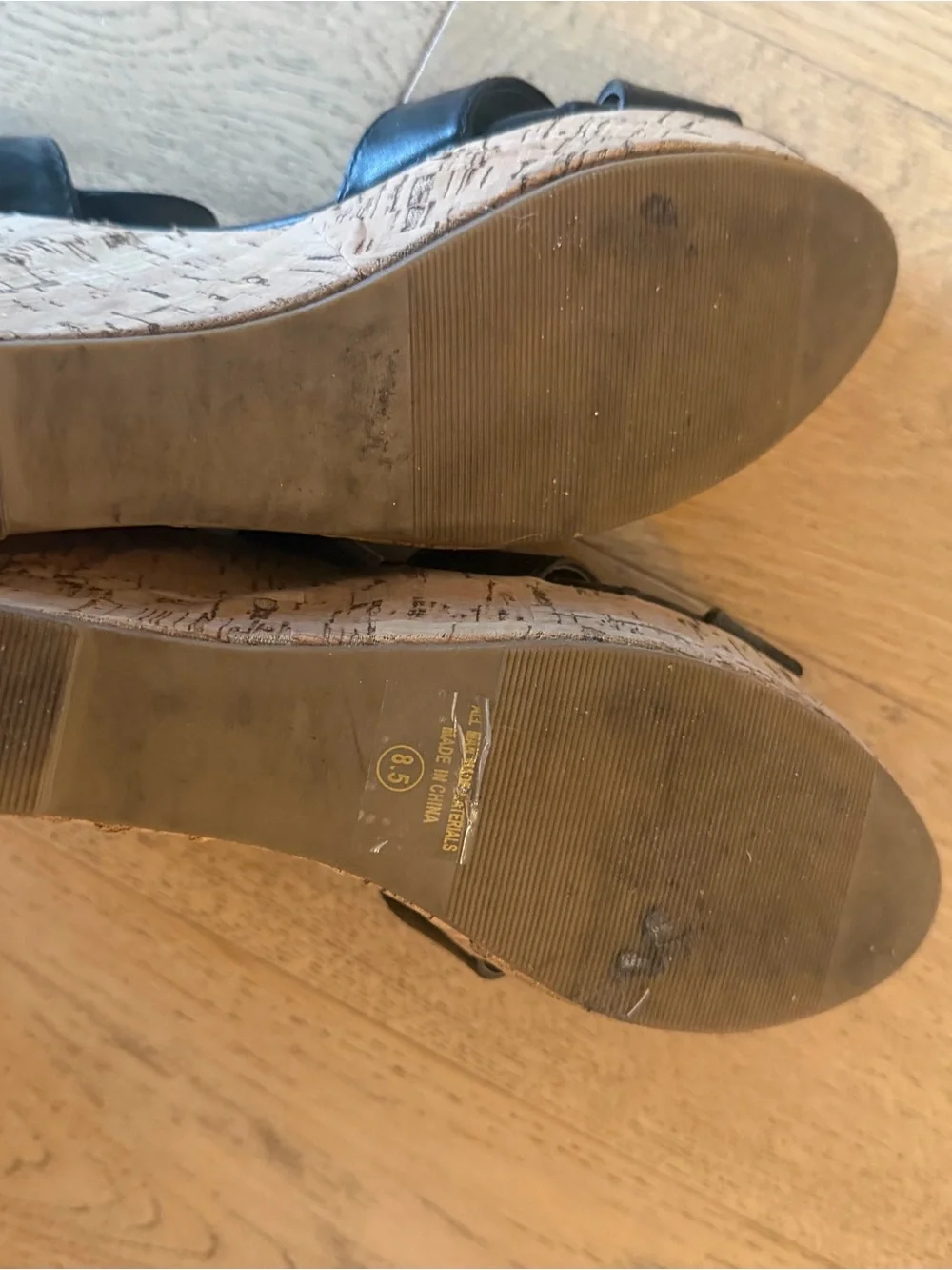 Lulu's Black Leather Cork Wedge Sandals
